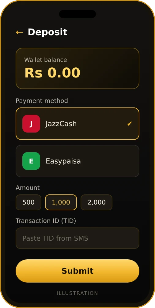Mil Win deposit screen with JazzCash and Easypaisa options