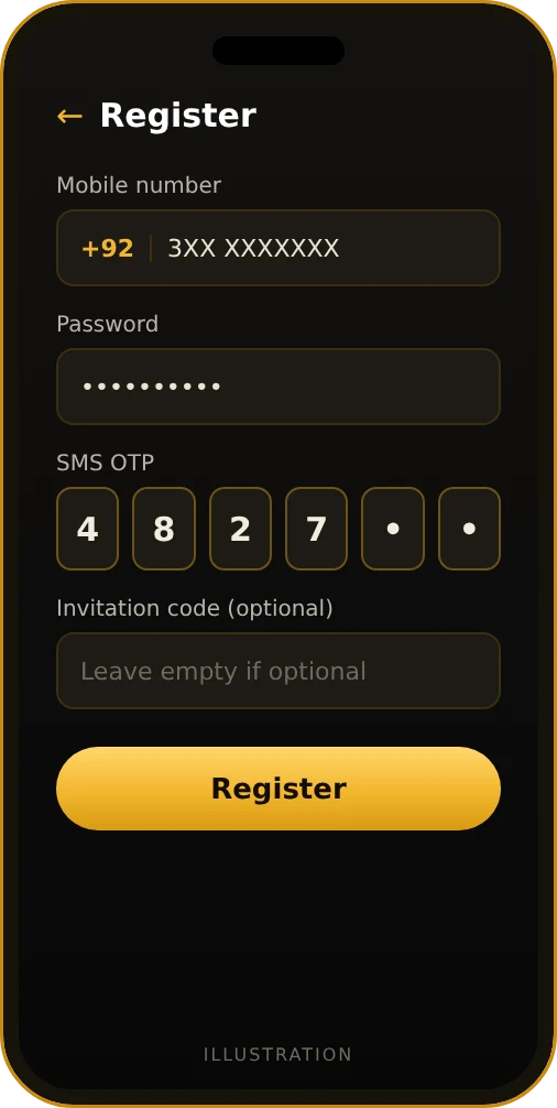 Mil Win registration form with mobile number, password and OTP
